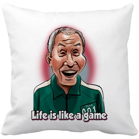 Cojín con relleno parodia del calamar caricatura del viejo jugador 001 con frase gganbu