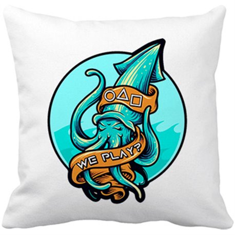 Cojín con relleno parodia de un calamar frase jugamos