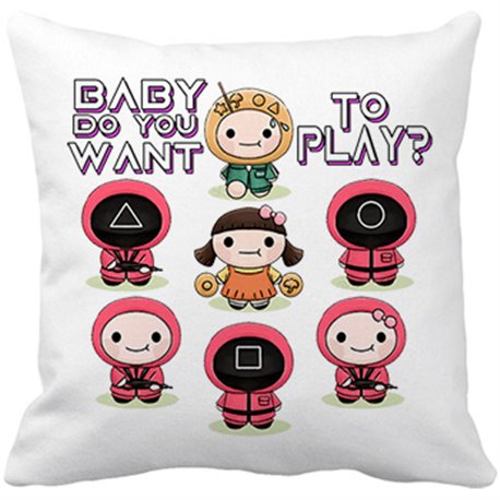 Cojín con relleno parodia kawaii del calamar frase quieres jugar