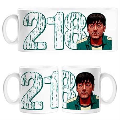 Taza parodia del calamar jugador número 218 ilustración personaje