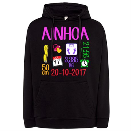 Sudadera ficha personalizable de nacimiento niña recién nacida