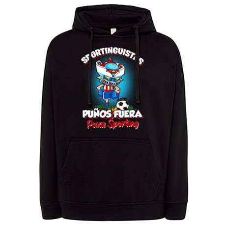 Sudadera frase sportinguistas puños fuera parodia robot de los 80 para nostálgicos futboleros del Sporting