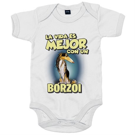 Body bebé la vida es mejor con un perro de raza Borzoi blanco y negro