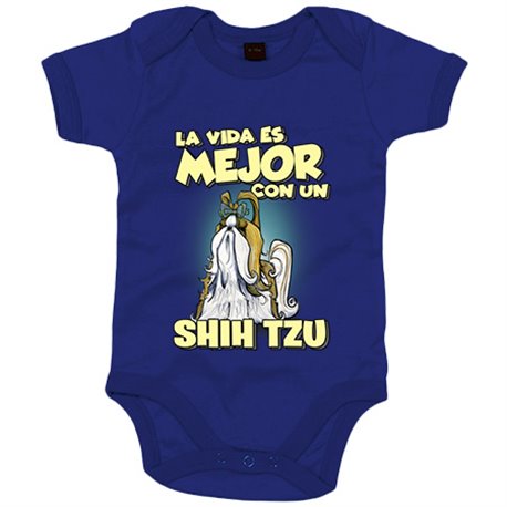Body bebé la vida es mejor con un perro de raza Shih Ttu blanco y marrón