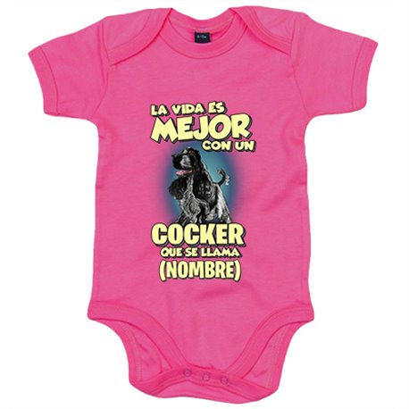 Body bebé la vida es mejor con un perro raza Cocker blanco y negro que se llama personalizable con nombre