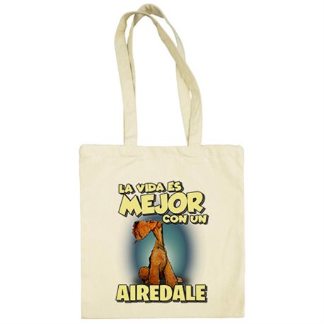 Bolsa de tela la vida es mejor con un perro de raza Airedale marrón