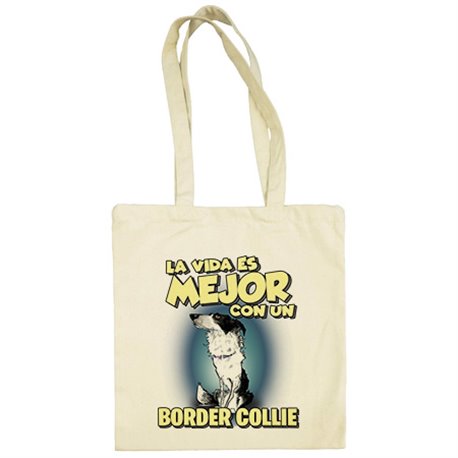 Bolsa de tela la vida es mejor con un perro de raza Border Collie blanco y negro
