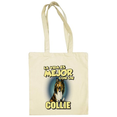 Bolsa de tela la vida es mejor con un perro de raza Collie blanco y marrón