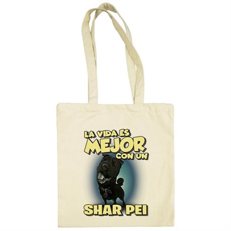 Bolsa de tela la vida es mejor con un perro de raza Shar Pei negro