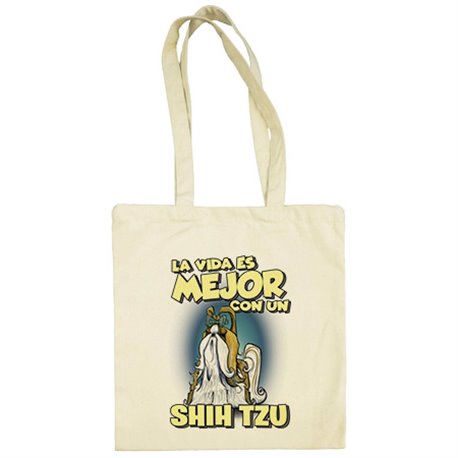 Bolsa de tela la vida es mejor con un perro de raza Shih Ttu blanco y marrón