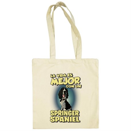 Bolsa de tela la vida es mejor con un perro de raza Springer Spaniel blanco y negro