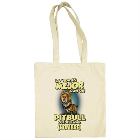 Bolsa de tela la vida es mejor con un perro mascota Pitbull canela que se llama personalizable con nombre