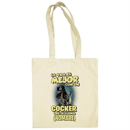 Bolsa de tela la vida es mejor con un perro raza Cocker blanco y negro que se llama personalizable con nombre