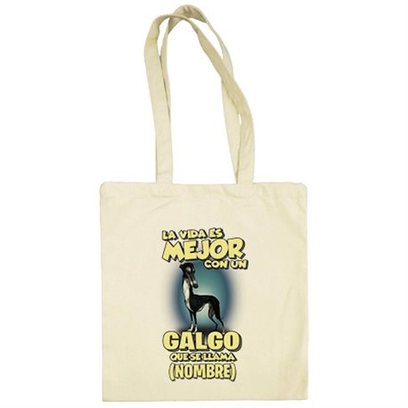 Bolsa de tela la vida es mejor con un perro raza Galgo negro que se llama personalizable con nombre
