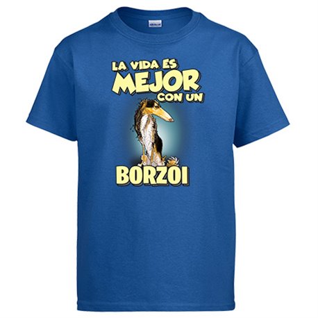 Camiseta la vida es mejor con un perro de raza Borzoi blanco y negro