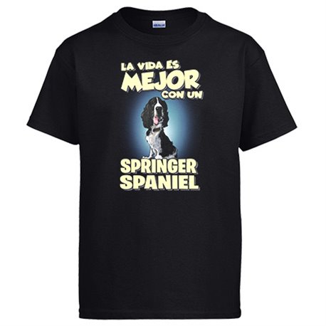 Camiseta la vida es mejor con un perro de raza Springer Spaniel blanco y negro