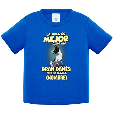 Camiseta bebé la vida es mejor con un perro raza Gran Danés Arlequín que se llama personalizable con nombre