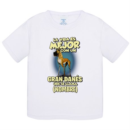 Camiseta bebé la vida es mejor con un perro raza Gran Danés que se llama personalizable con nombre