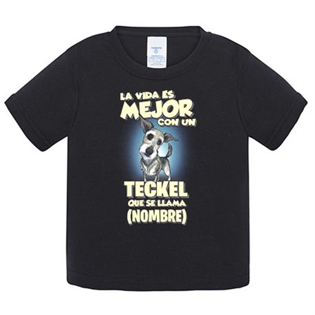 Camiseta bebé la vida es mejor con un perro raza Teckel que se llama personalizable con nombre
