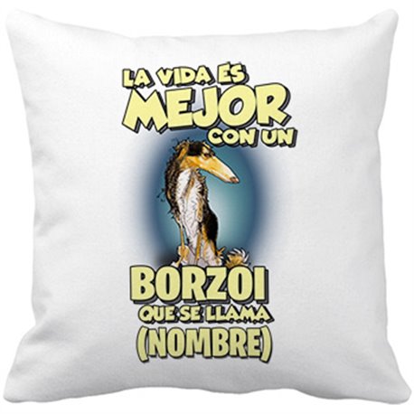 Cojín con relleno la vida es mejor con un perro raza Borzoi blanco y negro que se llama personalizable con nombre