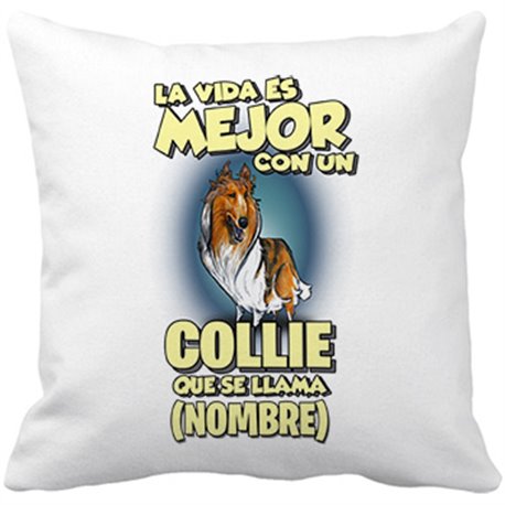 Cojín con relleno la vida es mejor con un perro raza Collie blanco y marrón que se llama personalizable con nombre