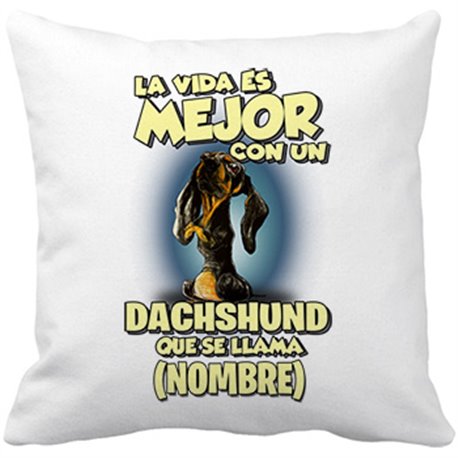 Cojín con relleno la vida es mejor con un perro raza Dachshund negro que se llama personalizable con nombre