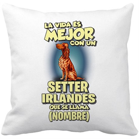 Cojín con relleno la vida es mejor con un perro raza Setter Irlandés que se llama personalizable con nombre