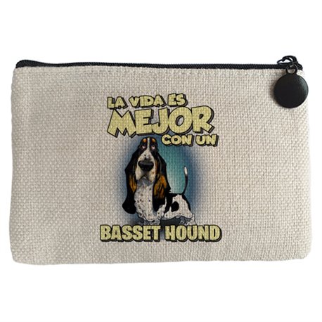 Monedero la vida es mejor con un perro de raza Basset Hound blanco y negro