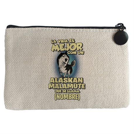 Monedero la vida es mejor con un perro raza Alaskan Malamute que se llama personalizable con nombre