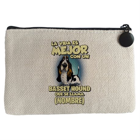 Monedero la vida es mejor con un perro raza Basset Hound blanco y negro que se llama personalizable con nombre
