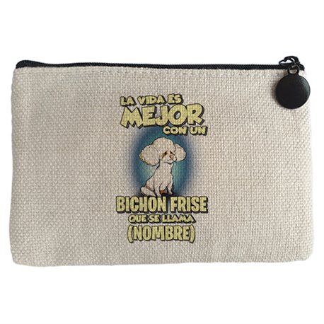 Monedero la vida es mejor con un perro raza Bichon Frise que se llama personalizable con nombre
