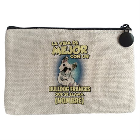 Monedero la vida es mejor con un perro raza Bulldog francés blanco que se llama personalizable con nombre