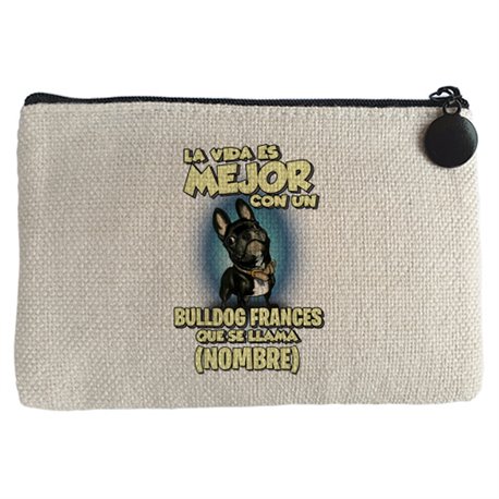 Monedero la vida es mejor con un perro raza Bulldog francés negro que se llama personalizable con nombre
