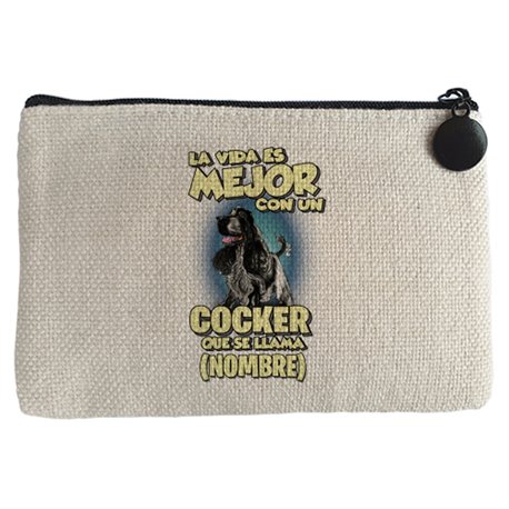 Monedero la vida es mejor con un perro raza Cocker blanco y negro que se llama personalizable con nombre
