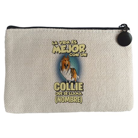 Monedero la vida es mejor con un perro raza Collie blanco y marrón que se llama personalizable con nombre