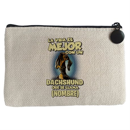 Monedero la vida es mejor con un perro raza Dachshund negro que se llama personalizable con nombre