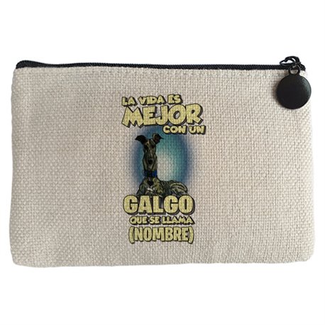 Monedero la vida es mejor con un perro raza Galgo atigrado que se llama personalizable con nombre