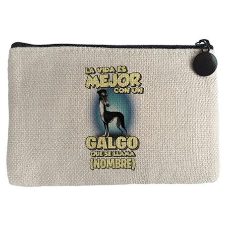 Monedero la vida es mejor con un perro raza Galgo negro que se llama personalizable con nombre