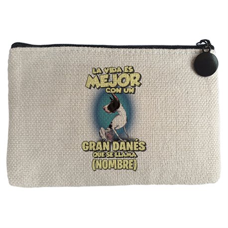 Monedero la vida es mejor con un perro raza Gran Danés Arlequín que se llama personalizable con nombre