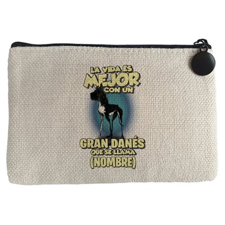 Monedero la vida es mejor con un perro raza Gran Danés negro que se llama personalizable con nombre