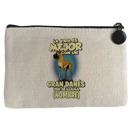 Monedero la vida es mejor con un perro raza Gran Danés que se llama personalizable con nombre