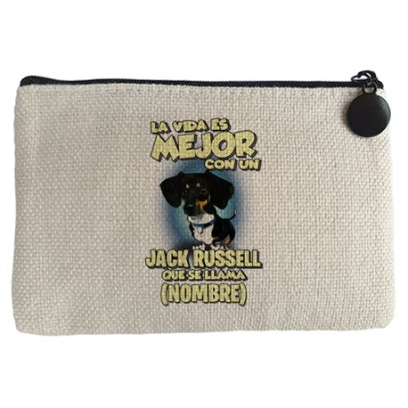 Monedero la vida es mejor con un perro raza Jack Russell blanco y negro que se llama personalizable con nombre