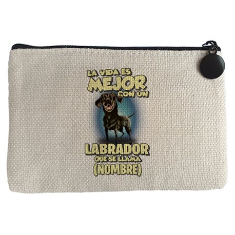 Monedero la vida es mejor con un perro raza Labrador negro que se llama personalizable con nombre