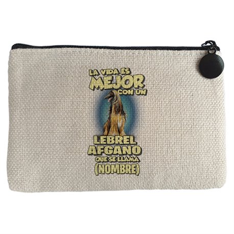 Monedero la vida es mejor con un perro raza Lebrel Afgano que se llama personalizable con nombre