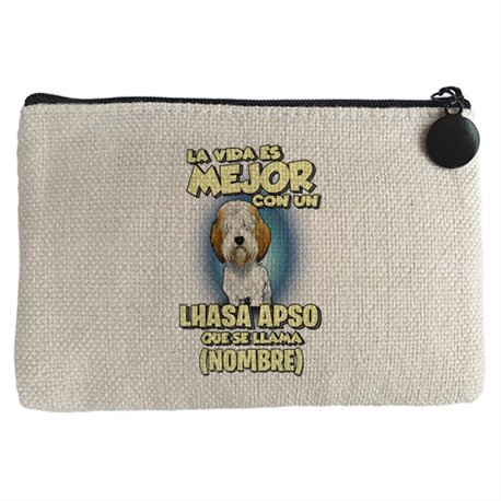 Monedero la vida es mejor con un perro raza Lhasa Apso que se llama personalizable con nombre