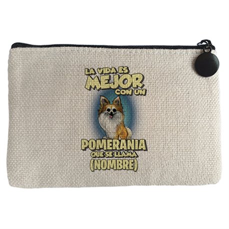 Monedero la vida es mejor con un perro raza Pomerania que se llama personalizable con nombre