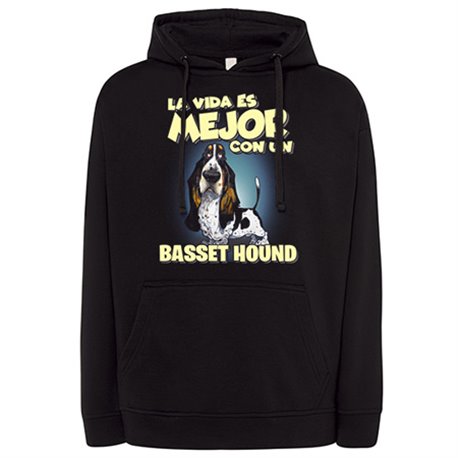 Sudadera la vida es mejor con un perro de raza Basset Hound blanco y negro