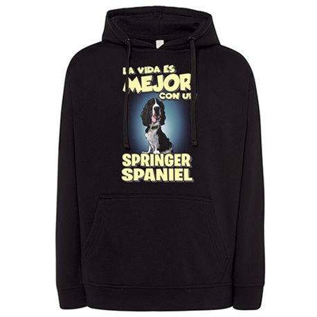 Sudadera la vida es mejor con un perro de raza Springer Spaniel blanco y negro