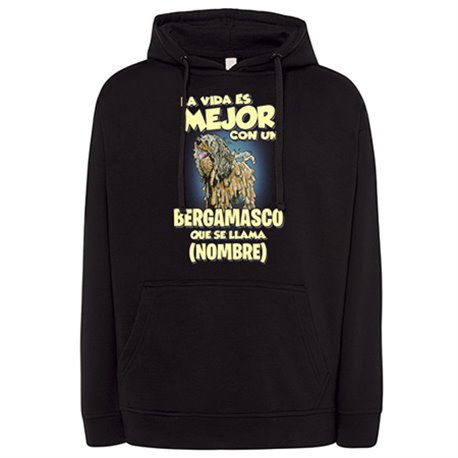 Sudadera la vida es mejor con un perro raza Bergamasco que se llama personalizable con nombre
