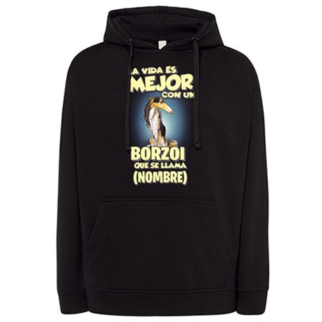 Sudadera la vida es mejor con un perro raza Borzoi blanco y negro que se llama personalizable con nombre